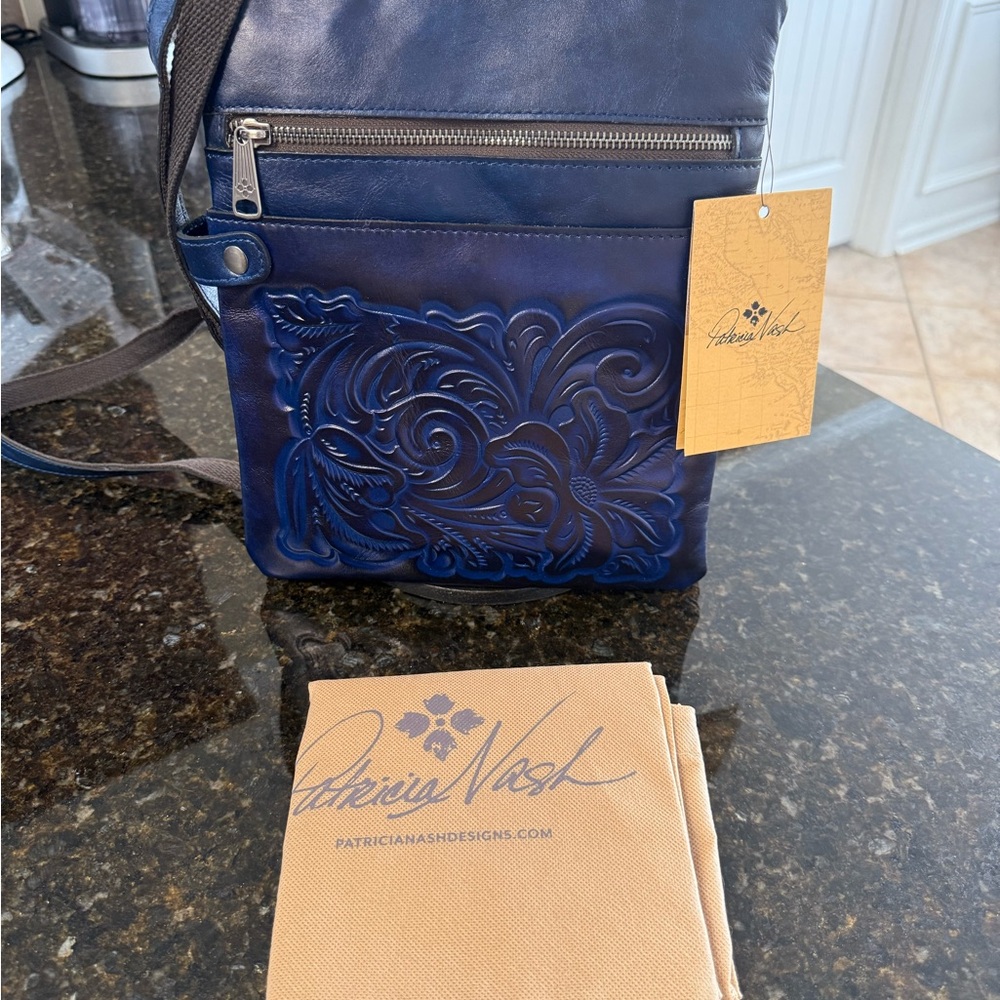 Patricia Nash Navy Embossed Leather Messenger Bag